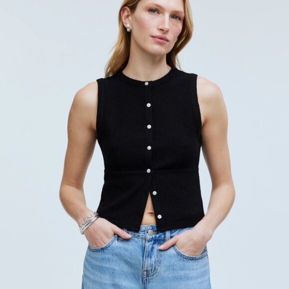 Madewell Split-Crewneck Cardigan Tank in True Black Textured Cotton-Blend Ribbed - Picture 2 of 12